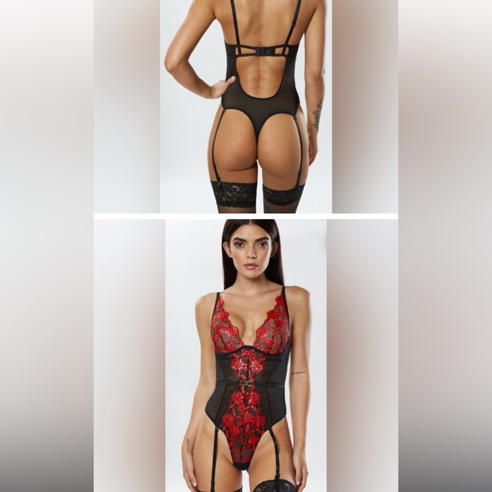 Ann Summers New Sz 42 44 DD E 12 14 D E Black Red Sexy Lace Embroidered bodysuit